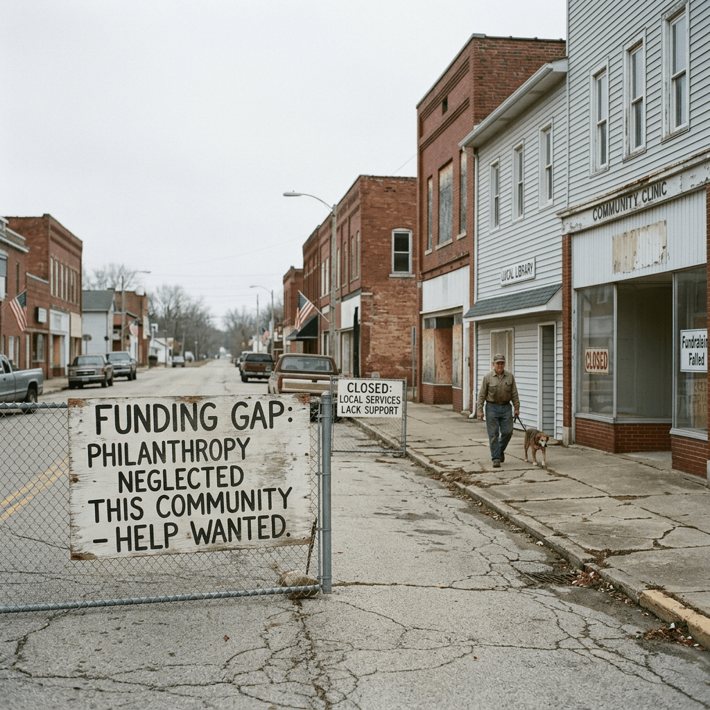 Street blocked by sign reading funding gap philanthropy neglected help wanted with closed community clinic and library nearby